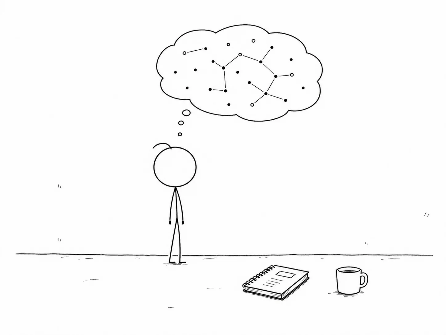Patyk stares at a wall while ideas link into a constellation in his head