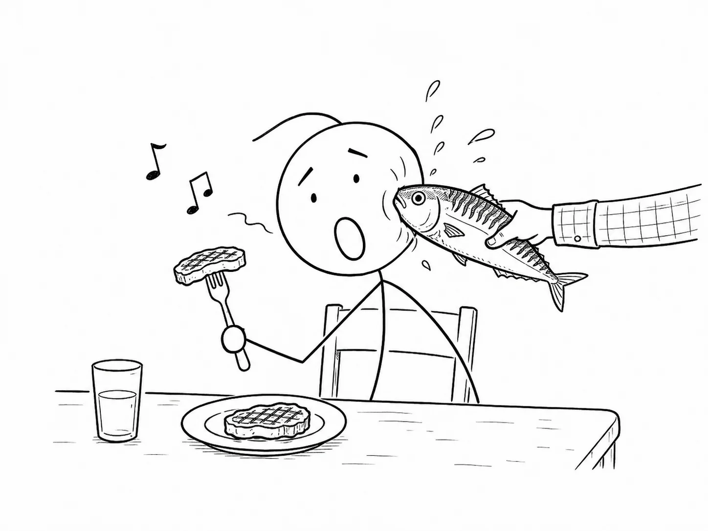 Patyk tries to eat steak and sing opera while Zdzisław slaps him with a mackerel