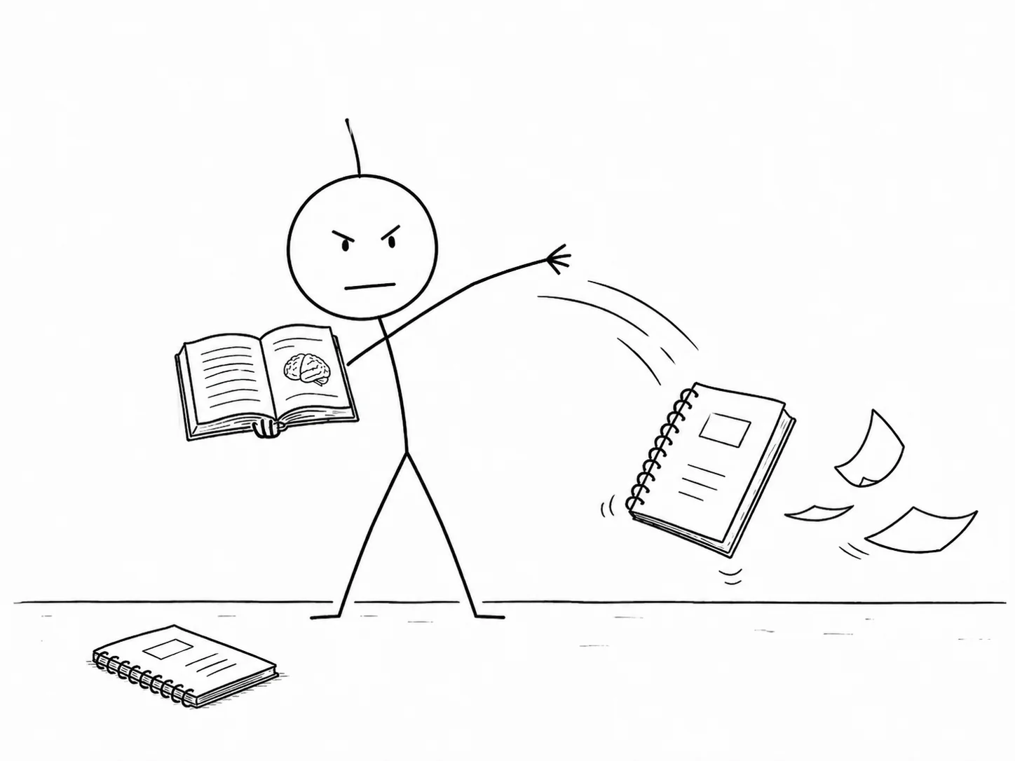 Patyk throws a notebook on the floor and opens the book
