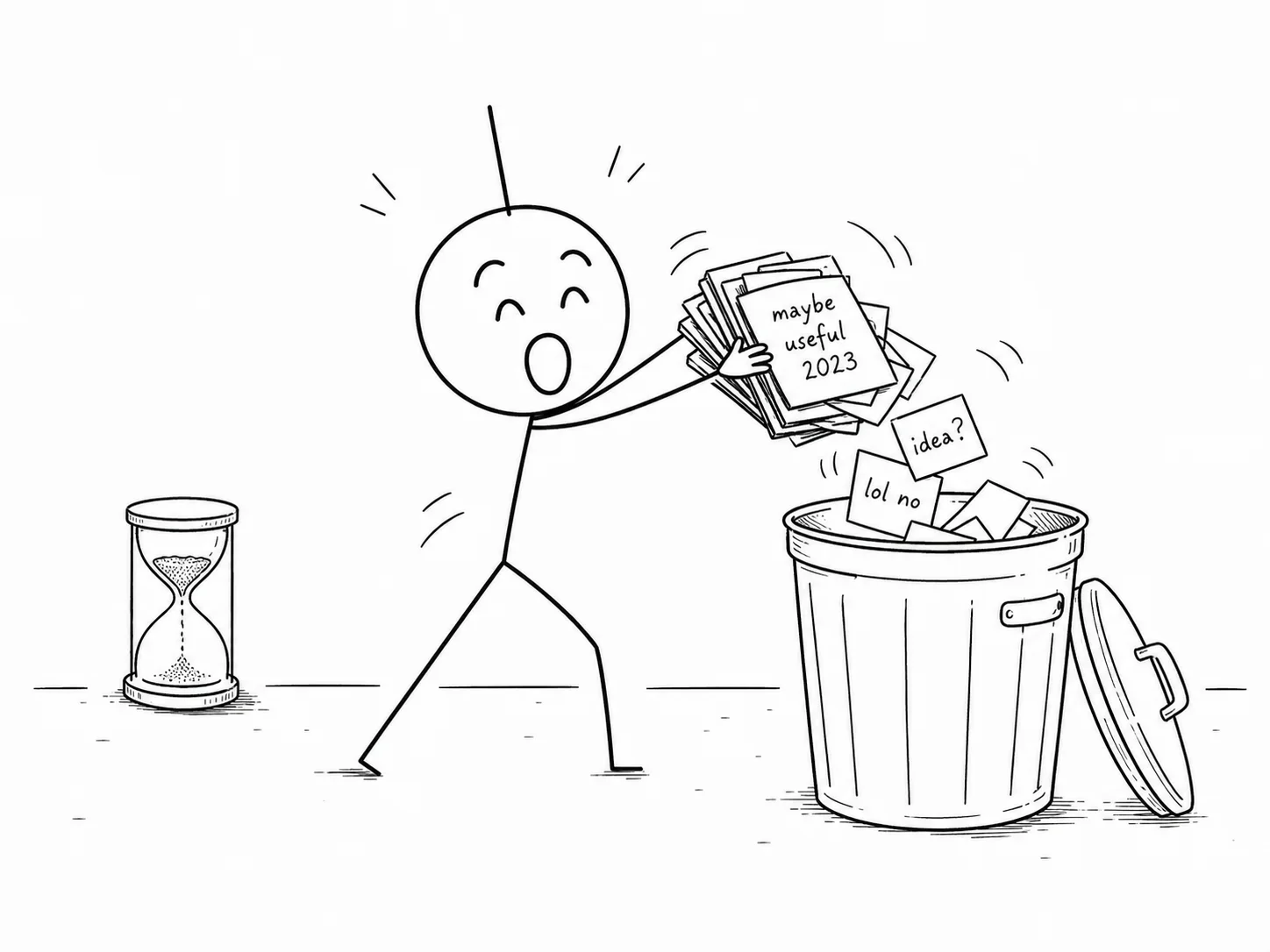 Patyk dumps notes in the trash while the hourglass flips